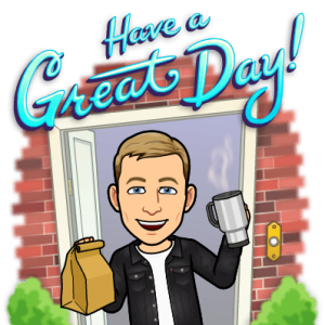 holding a bagged lunch and a travel mug, have a great day