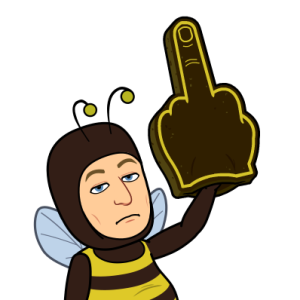 as an angry bee giving the middle finger using a giant foam hand