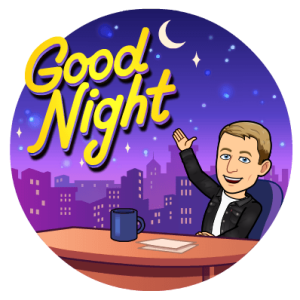 waving from behind the desk of a late night show with a silhouetted city behind, good night