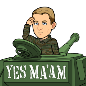 saluting with a serious expression from a tank, yes maam