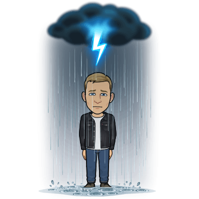 looking sad under a rainy storm cloud as lightening strikes