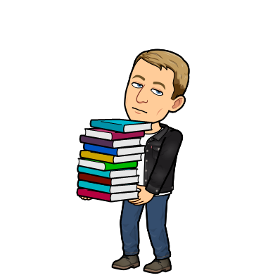 looking unimpressed holding a stack of books