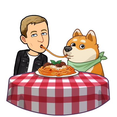 sharing a noodle with a dog over a fancy pasta dinner