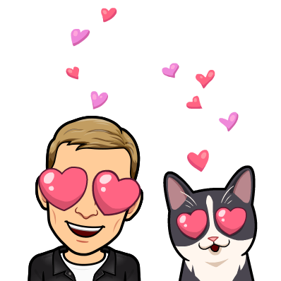 smiling with hearts for eyes with a cat