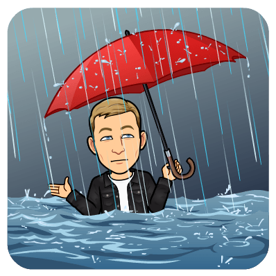 holding an umbrella in water up to your midsection as the rain pours