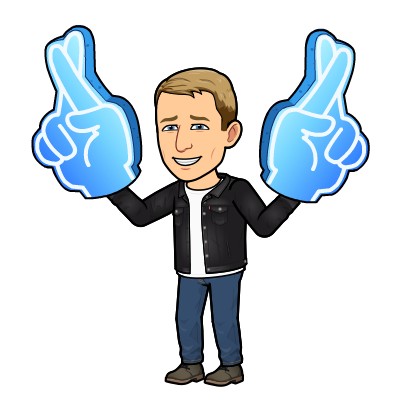 wearing giant foam fingers that are crossed for good luck and looking hopeful