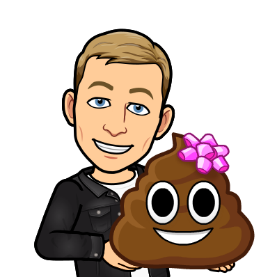 happily holding up a poop emoji with a gift bow on top