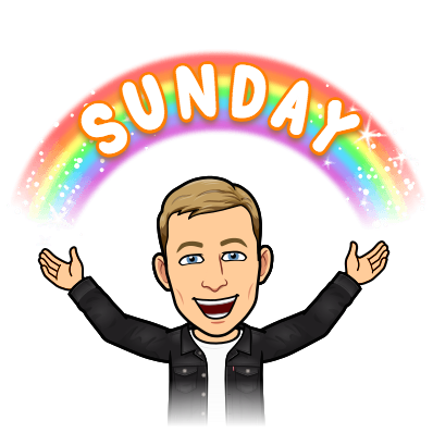 gleefully raising hands in the air with rainbow hovering over head, sunday