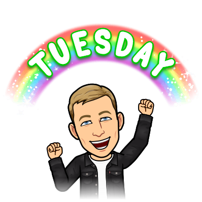 looking enthusiastic with a rainbow hovering over head, tuesday