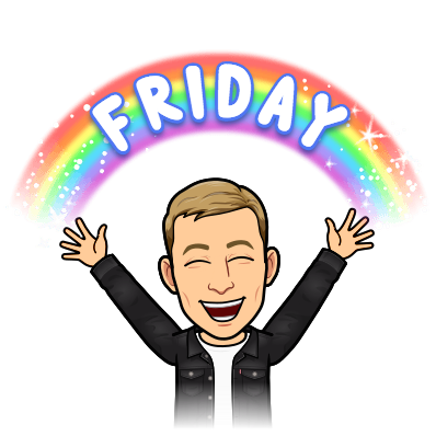 looking excited with a rainbow hovering over head, friday