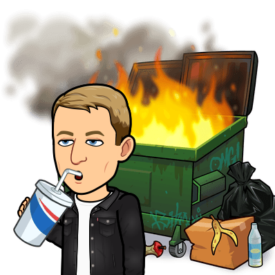 drinking a soda with an apathetic expression while looking away from a dumpster fire