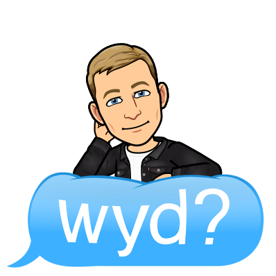 smiling leaning on a text bubble resting head on one hand wondering, wyd