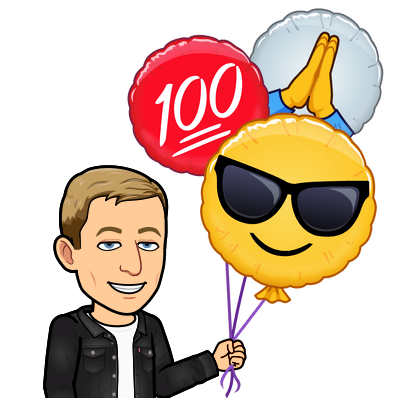 looking suave holding emoji balloons of praying hands and 100 percent and sunglasses