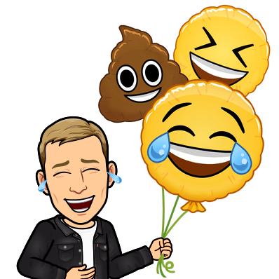 laughing hysterically holding emoji balloons of poop and laugh cry and laugh