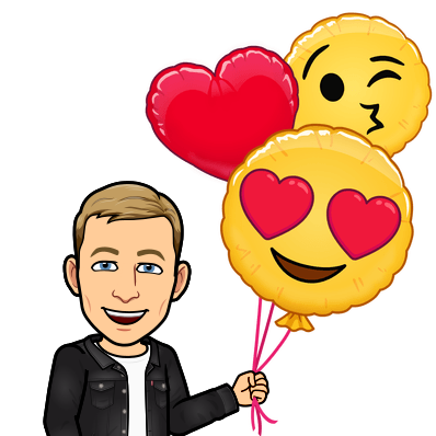 happily holding love emoji balloons