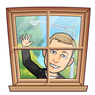 peeking from outside a closed glass window smiling and waving