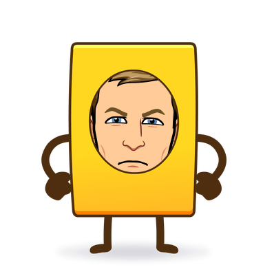 dressed as a yellow penalty card frowning and frustrated