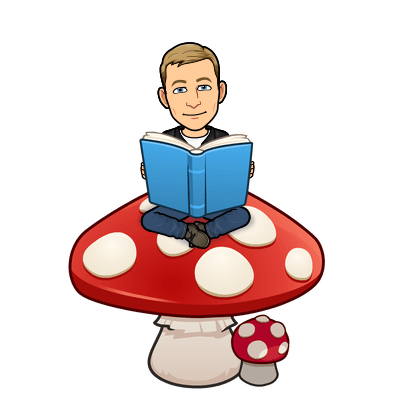 sitting on a red mushroom reading book looking peaceful