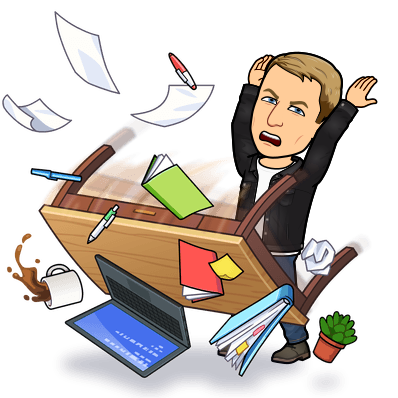 flipping a desk covered with office things out of rage 