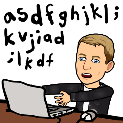 looking crazed while smashing laptop keyboard and typing nonsense, asdfgsdkfskfj