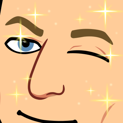 zoomed in on face and winking confidently and surrounded by glittering sparkles