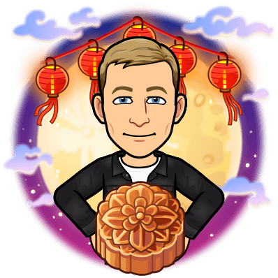 surrounded by lanterns at mid autumn festival and holding a moon cake 