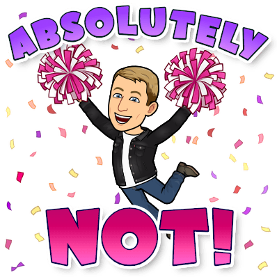 jumping in the air holding pom poms smiling sarcastically, absolutely not