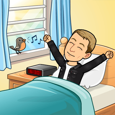 stretching arms while waking up in bed with a bird chirping happily on window sill