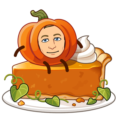 smiling sweetly in a pumpkin costume sitting on a slice of pumpkin pie