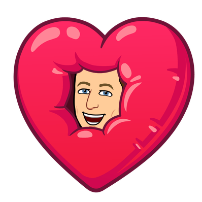 smiling with head in a red heart balloon