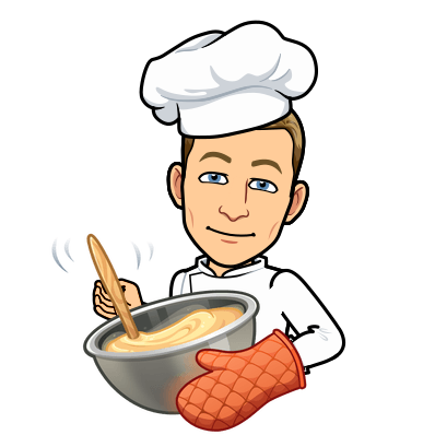 wearing a chef uniform and stirring a mixture in a bowl 