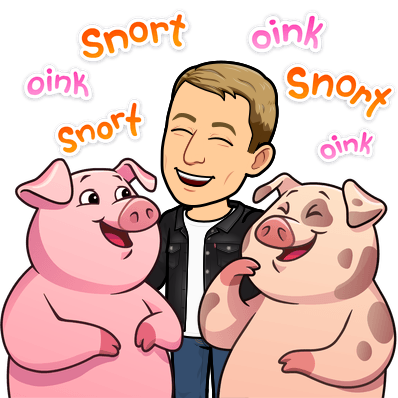 laughing while flanked by laughing pigs, snort oink snort oink snort oink