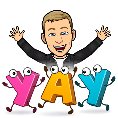 smiling with arms up behind three anthropomorphic english alphabet letters, yay