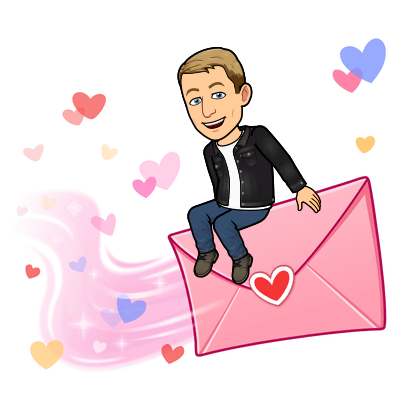 smiling and sitting on a pink envelope sailing through the air propelled by hearts and glitter