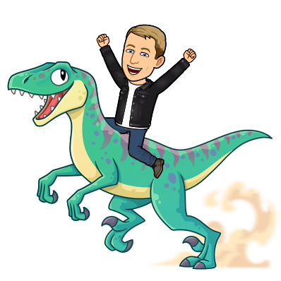 triumphantly riding a velociraptor with arms up in the air