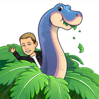 smiling and waving at the top of a tree next to a brontosaurus eating leaves