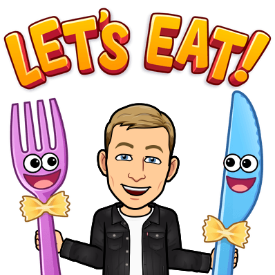 smiling with happy anthropomorphic oversized fork and knife, let's eat