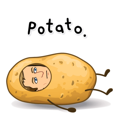 wall eyed with no smile wearing a potato costume lying on the ground, potato