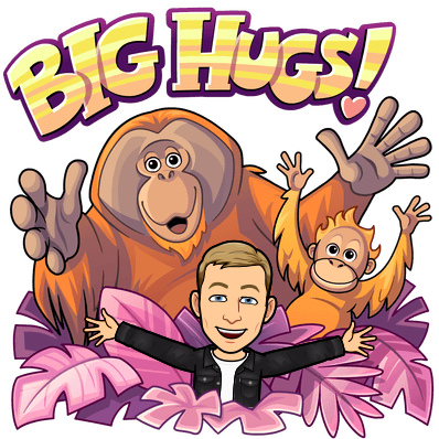 open arms with big smiling accompanied by happy orangutangs, big hugs 