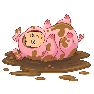 as a pig looking sad while rolling in mud