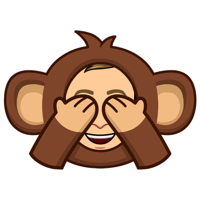 in a monkey costume with hands covering eyes and laughing