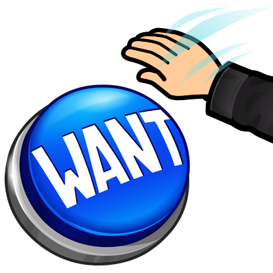 hand pushing a giant blue button, want