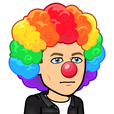 neutral facial expression looking into the distance while wearing a clown nose and rainbow wig