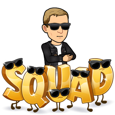 wearing sunglasses with arms crossed behind a set of confident looking golden letters, squad