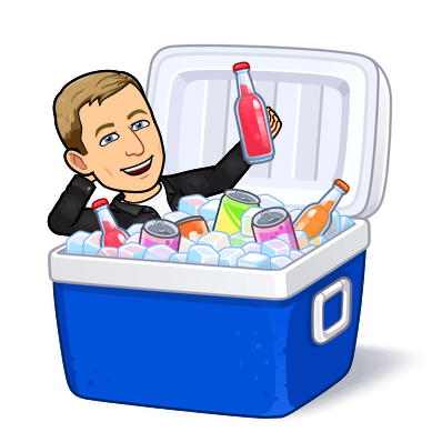 sitting in a cooler full of ice and drinks while holding a soda bottle