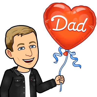 smiling while holding a red heart shaped balloon that says dad