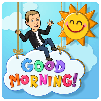 smiling and waving sitting on a cloud shaped sign next to a happy fake sun, good morning