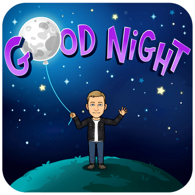 smiling holding a string attached to a moon balloon floating in the nights sky, good night