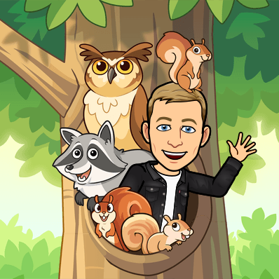 peaking out of a hole in a tree waving surrounded by an owl a raccoon and squirrels