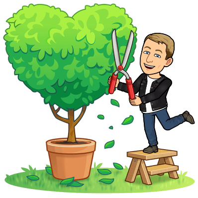 smiling while trimming the leaves of a tree into the shape of a heart 